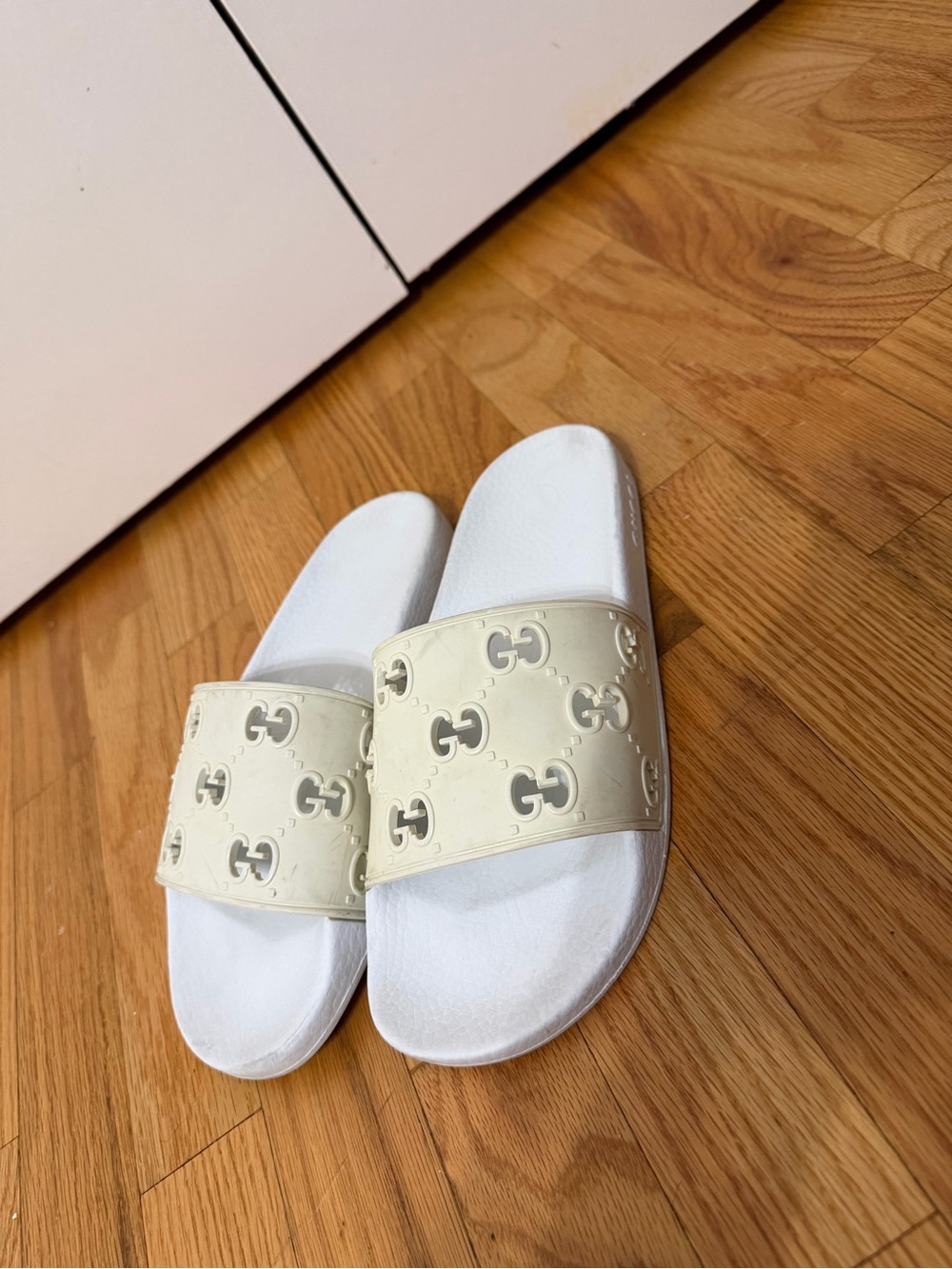 Gucci White Slides with Cream Embossed GG Strap